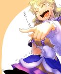  bakuya blonde_hair breast_hold breasts closed_eyes foreshortening highres laughing medium_breasts mizuhashi_parsee open_mouth pointing pointing_at_viewer pointy_ears shirt short_hair simple_background solo tears text_focus touhou translated 