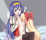  2girls blonde_hair blue_hair blush breasts headband himemiya_chikane kannazuki_no_miko kurusugawa_himeko long_hair multiple_girls panties ribbon underwear undressing yuri 