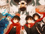  3boys black_hair blue_eyes blue_hair closed_eyes dark_konoha dual_persona ene_(kagerou_project) hair_ornament hairclip headphones kagerou_project kiri_(lwp01_lav) kisaragi_shintarou kokonose_haruka konoha_(kagerou_project) long_hair loss_time_memory_(vocaloid) multiple_boys multiple_girls multiple_persona origami paper_crane red_scarf scarf school_uniform serafuku shared_scarf short_hair smile tateyama_ayano tears twintails 