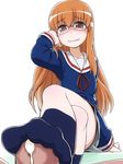  1girl blush brown_hair censored cum footjob glasses hair_ornament hairclip hetero highres long_hair mikakunin_de_shinkoukei mosaic_censoring penis school_uniform sitting smile socks solo_focus takeda_yukimura yonomori_benio 