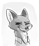  2018 anthro black_and_white bust_portrait canine clothed clothing disney fox fuel_(artist) greyscale male mammal monochrome nick_wilde portrait simple_background smile solo zootopia 