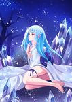  absurdres ayakashi_hyakkiyakou barefoot blue_hair crystal highres japanese_clothes kimono legs lips long_hair nose original parted_lips purple_eyes sitting skindentation snow snowflakes solo 