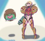  arm_cannon artist_name blonde_hair blue_eyes boots brown_hair cosplay josh_floyd kamui_(kill_la_kill) kill_la_kill mankanshoku_mako mankanshoku_mako_(cosplay) metroid metroid_(creature) parody revealing_clothes samus_aran solo suspenders thigh_boots thighhighs varia_suit weapon wig 