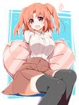  1girl :d akata_itsuki black_thighhighs blush breasts commentary_request heart large_breasts looking_at_viewer mikakunin_de_shinkoukei open_mouth pillow pink_eyes red_hair short_hair sitting smile solo thighhighs two_side_up yonomori_kobeni 