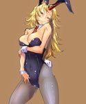  animal_ears bakuya between_breasts blonde_hair breast_hold breasts bunny_ears bunnysuit cleavage cuffs hand_on_thigh highres horn hoshiguma_yuugi large_breasts long_hair looking_at_viewer messy_hair navel necktie pantyhose seductive_smile see-through simple_background skin_tight smile solo touhou yellow_eyes 