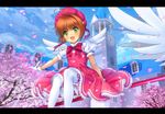  :d bow brown_hair cardcaptor_sakura cherry_blossoms clock clock_tower day gloves green_eyes hat highres kinomoto_sakura letterboxed looking_at_viewer magical_girl mutsuki_(moonknives) open_mouth pink_hat sky smile solo thighhighs tower white_gloves white_legwear 