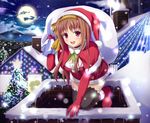  bag bangs belt blush boots breasts brown_hair chimney christmas christmas_ornaments christmas_tree cleavage cloud collar full_moon gloves hairband hat holding house korotan lake medium_breasts moon open_mouth original purple_eyes red_gloves santa_boots santa_costume santa_gloves santa_hat sky smile smoke snow snowing solo star_(sky) thighhighs 