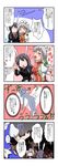  4koma ahegao animal_ears blue_dress bow braid breasts bunny_ears chestnut_mouth china_dress chinese_clothes comic cosplay dress dripping grey_hair hair_bow half-closed_eyes hidden_eyes highres horns ibaraki_kasen ibaraki_kasen_(cosplay) izayoi_sakuya izayoi_sakuya_(cosplay) kawashiro_nitori kawashiro_nitori_(cosplay) key konpaku_youmu leaf_print long_hair medium_breasts mikazuki_neko multiple_girls puffy_short_sleeves puffy_sleeves purple_hair reisen_udongein_inaba short_hair short_sleeves speech_bubble talking touhou translated tsurime twin_braids 