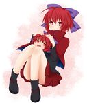  absurdres bow cape hair_bow hidden_mouth highres red_eyes red_hair sekibanki short_hair solo thighs touhou yami_nabe yukkuri_shiteitte_ne 