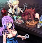  ^_^ bad_id bad_pixiv_id bandana basket blonde_hair blue_eyes bread breasts closed_eyes food from_above gauntlets glass highres indoors large_breasts long_hair missy_(sekaiju) multiple_girls open_mouth orange_hair princess_(sekaiju) purple_hair sekaiju_no_meikyuu sekaiju_no_meikyuu_3 tiara tubameraamen warrior_(sekaiju) 