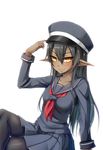  adjusting_clothes adjusting_hat arm_support black_hair black_serafuku blush brown_eyes collarbone crossed_legs dark_elf dark_skin dream_demon elf hat long_hair looking_at_viewer original pantyhose pleated_skirt pointy_ears school_uniform serafuku simple_background sitting skirt smile solo white_background 