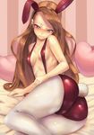  animal_ears ass blush breasts brown_hair bunny_ears bunny_girl bunny_tail heart heart_pillow idolmaster idolmaster_(classic) long_hair minase_iori noririn pantyhose pillow red_eyes small_breasts solo tail tears 