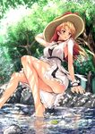  absurdres arm_support barefoot breasts brown_eyes brown_hair day dress forest hat highres large_breasts legs long_hair nature original revision rock sitting sitting_on_rock soaking_feet solo soyokaze stream sundress tree upskirt water wind wind_lift 