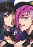  :q alternate_costume blue_eyes breasts caitlyn_(league_of_legends) cleavage close-up exaxuxer face hat highres large_breasts league_of_legends multiple_girls officer_caitlyn officer_vi pink_hair police police_hat police_uniform policewoman purple_eyes tonfa tongue tongue_out uniform vi_(league_of_legends) weapon 