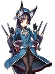  animal_ears atago_(kantai_collection) atago_(kantai_collection)_(cosplay) bad_id bad_pixiv_id black_gloves black_hair black_legwear cosplay fox_ears gloves hat kantai_collection kemonomimi_mode long_hair lowres military military_uniform nakasaki_hydra original pantyhose red_eyes simple_background solo uniform very_long_hair white_background 