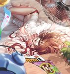  alarm_clock anger_vein annoyed bad_id bad_pixiv_id barefoot breasts brown_hair cleavage clock fan highres lying medium_breasts navel no_bra on_side one_eye_closed open_clothes open_shirt original panties purple_eyes red_panties shirt solo underwear wind_chime yomi_yasou 