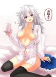  black_legwear blue_eyes blush bottomless breasts cup dress_shirt highres izayoi_sakuya large_breasts long_hair looking_at_viewer messy_hair mickey_dunn mug naked_shirt navel nipples open_mouth pubic_hair shirt silver_hair sitting skirt skirt_removed smile solo thighhighs touhou translated 