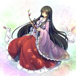  black_hair branch breasts brown_eyes bunny floral_print houraisan_kaguya jeweled_branch_of_hourai large_breasts long_hair long_sleeves looking_at_viewer open_mouth shirt skirt smile solo touhou umigarasu_(kitsune1963) very_long_hair wide_sleeves 