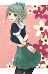  bangs bow brown_eyes crop_top green_skirt grey_hair hair_bow kantai_collection midriff nupiko open_mouth pantyhose ponytail school_uniform serafuku short_hair skirt solo yuubari_(kantai_collection) 