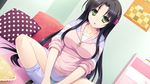  1girl black_hair breasts face game_cg green_eyes hair_ornament hello_lady! highres large_breasts legs long_hair looking_at_viewer nose open_mouth panties pantyshot pillow saeki_hokuto serious sitting skirt socks solo thighs underwear upskirt wall zipper 