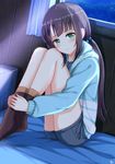  bed black_hair casual green_eyes highres hood hoodie itachi_kanade leg_hug long_hair long_legs low_twintails nagi_no_asukara shiodome_miuna socks solo tears twintails window 