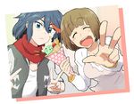  black_hair blue_eyes brown_hair crepe food ikeshita_moyuko jacket kill_la_kill mankanshoku_mako matoi_ryuuko multiple_girls photo_(object) scarf short_hair v 