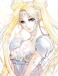  bishoujo_senshi_sailor_moon blonde_hair blue_eyes collarbone crescent double_bun dress facial_mark forehead_mark long_hair princess_serenity smile solo tato tsukino_usagi twintails white_background 