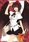  :d ascot bad_id bad_pixiv_id bag breasts brown_hair buttons fan hat hauchiwa ishiaji looking_at_viewer medium_breasts messenger_bag open_mouth pen red_eyes shameimaru_aya shirt shoulder_bag skirt smile solo tengu tokin_hat touhou walking white_shirt wings 