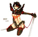  1girl abs bad_id bad_pixiv_id black_hair boots breasts cable commentary_request cosplay dual_wielding hairpods holding kill_la_kill kneeling matoi_ryuuko matoi_ryuuko_(cosplay) medium_breasts mikasa_ackerman multicolored_hair revealing_clothes senketsu shingeki_no_kyojin short_hair solo sorakura_shikiji streaked_hair sword thigh_boots thighhighs underboob weapon 