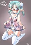  2013 babydoll blue_eyes blush breasts dated double_bun enemia_(nire_nanaki) garter_belt glasses green_hair kneeling lingerie looking_at_viewer medium_breasts nire_nanaki original pointy_ears short_hair smile solo thighhighs underwear white_legwear 