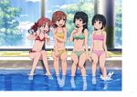  4girls :d ;d absurdres barefoot bikini black_hair brown_eyes brown_hair cloud drooling feet feet_in_water green_bikini green_eyes hand_on_knee hand_on_own_chest hand_on_own_knee highres holding_arm indoor_pool long_hair misaka_mikoto multiple_girls navel official_art one_eye_closed open_mouth pink_bikini pool poolside red_bikini saten_ruiko scan shirai_kuroko short_hair sitting sky smile soaking_feet swimsuit tanaka_yuuichi tile_floor tiles to_aru_kagaku_no_railgun to_aru_majutsu_no_index tree twintails uiharu_kazari water window wink yellow_bikini 