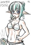  blue_eyes blush breasts dated enemia_(nire_nanaki) food glasses green_hair medium_breasts nire_nanaki original pointy_ears popsicle short_hair simple_background solo white_background 