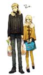  1girl bag blonde_hair blue_eyes capelet casual christa_renz contemporary denim height_difference jean_kirchstein jeans pants pantyhose shingeki_no_kyojin shopping_bag short_hair sorakura_shikiji winter_clothes 