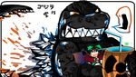  :o arm_cannon black_border black_hair black_wings border bow cape commentary crossover drinking drinking_straw godzilla godzilla_(series) hair_bow kaijuu kunitori long_hair looking_up monster open_mouth radiation_symbol red_eyes reiuji_utsuho sharp_teeth simple_background size_difference skirt starry_sky_print teeth touhou weapon white_background wings 