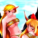  animal_print bad_id bad_pixiv_id bandeau bare_shoulders blonde_hair bow breasts cleavage grin hair_bow hideki_(itsuki_xx) horn horns hoshiguma_yuugi ibuki_suika large_breasts long_hair multiple_girls navel red_eyes smile strapless tiger_print touhou underboob 