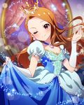  artist_request brown_hair cinderella crown earrings idolmaster idolmaster_(classic) idolmaster_million_live! jewelry long_hair minase_iori mirror official_art one_eye_closed pink_eyes solo 