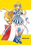  absurdres ahoge arutera bad_id bad_pixiv_id banned_artist blonde_hair bow copyright_name dress flag france hair_bow hair_ornament highres long_hair orangina personification shoes short_sleeves solo text_focus very_long_hair yellow_eyes 