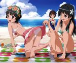  all_fours bare_legs barefoot beach bikini bikini_skirt black_hair blue_eyes blue_sky breasts brown_hair cleavage cloud day flower front-tie_top gotou_keiji green_bikini hair_flower hair_ornament haruue_erii head_wreath highres long_hair medium_breasts multiple_girls official_art outdoors saten_ruiko scan shaved_ice short_hair sitting skirt skirt_lift sky small_breasts smile spoon swimsuit to_aru_kagaku_no_railgun to_aru_majutsu_no_index uiharu_kazari 