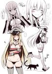  :d ^_^ bare_shoulders bikini bikini_bottom bismarck_(kantai_collection) black_bikini_bottom blonde_hair blue_eyes blush breasts cat cleavage closed_eyes detached_sleeves embarrassed german grey_legwear groin hand_on_own_cheek hat highres kantai_collection large_breasts long_hair looking_at_viewer multiple_views navel oota_yuuichi open_mouth peaked_cap side-tie_bikini smile swimsuit thighhighs topless translated unsinkable_sam 