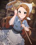  apron artist_request broom brown_hair bug cinderella idolmaster idolmaster_(classic) idolmaster_million_live! jpeg_artifacts long_hair minase_iori official_art pink_eyes silk solo spider spider_web tears 