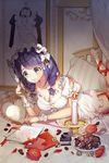  bad_id bad_pixiv_id blue_eyes braid breasts candle chocolate cleavage envelope flower food frills gio_(maroon0924) heart large_breasts letter lying maid maid_headdress nightgown on_stomach quill ribbon seron solo sweets sword_girls twin_braids 