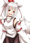  animal_ears blush breasts chikuwa_savi detached_sleeves happy hat inubashiri_momiji looking_at_viewer medium_breasts open_mouth orange_eyes pom_pom_(clothes) short_hair silver_hair skirt solo tail tokin_hat touhou wolf_ears wolf_tail 