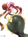  ass black_legwear blue_eyes blush born-to-die brown_hair cameltoe double_bun heart heart-shaped_pupils highres long_hair looking_back mei_(pokemon) pantyhose pokemon pokemon_(game) pokemon_bw2 raglan_sleeves shorts simple_background smile solo symbol-shaped_pupils twintails visor_cap wedgie white_background 
