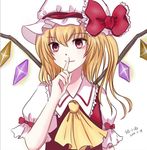  ascot blonde_hair dated finger_to_mouth flandre_scarlet hat mikey3325 mob_cap puffy_short_sleeves puffy_sleeves red_eyes short_hair short_sleeves smile solo touhou upper_body wings 