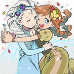  anna_(frozen) bare_shoulders blonde_hair blue_eyes braid dress elsa_(frozen) frozen_(disney) hidakarumen hug long_hair makeup multiple_girls one_eye_closed siblings single_braid sisters smile twin_braids 