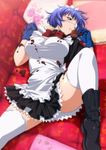  1girl blue_hair boots breasts chocolate chocolate_on_breasts eyepatch ikkitousen large_breasts lying official_art ryomou_shimei short_hair solo spread_legs thighhighs 