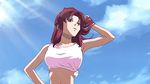  1girl animated animated_gif bouncing_breasts breasts cleavage cloud flay_allster gundam gundam_seed lowres red_hair sky smile tank_top 