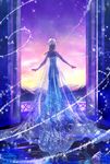  balcony bare_shoulders blue_dress braid cape dress elsa_(frozen) from_behind frozen_(disney) morning see-through single_braid sky solo sparkle tiara twilight white_hair yuki_tsuki_(rinlen) 