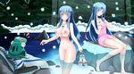  1girl 2girls arisu_(zzo900) artist_request barefoot blue_eyes blue_hair blush breasts character_request empty_eyes feena feena_(ys) feet forest long_hair multiple_girls naked_towel nature nipples nude reah reah_(ys) sitting source_request towel tree water ys 