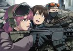  2boys assault_rifle black_eyes blue_eyes brown_hair city commentary face_mask gloves goggles goggles_on_head gun headset looking_at_another mask military multiple_boys original pink_hair rifle rubble ruins saving_private_ryan scope shiba_hajime short_hair sniper_rifle sweat war weapon 